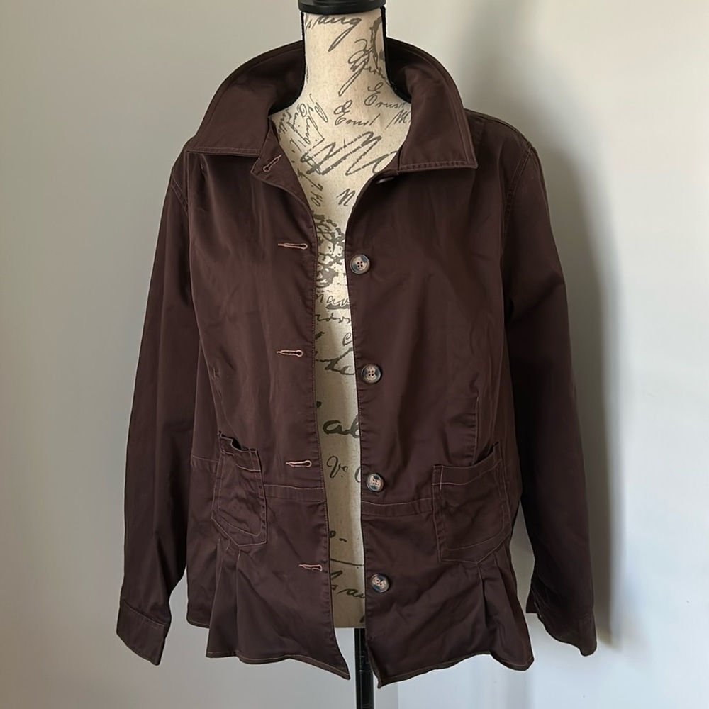 Casual Stretchy Utility Jacket Brown Button closure Cinched Accents Susan Graver - Picture 6 of 11